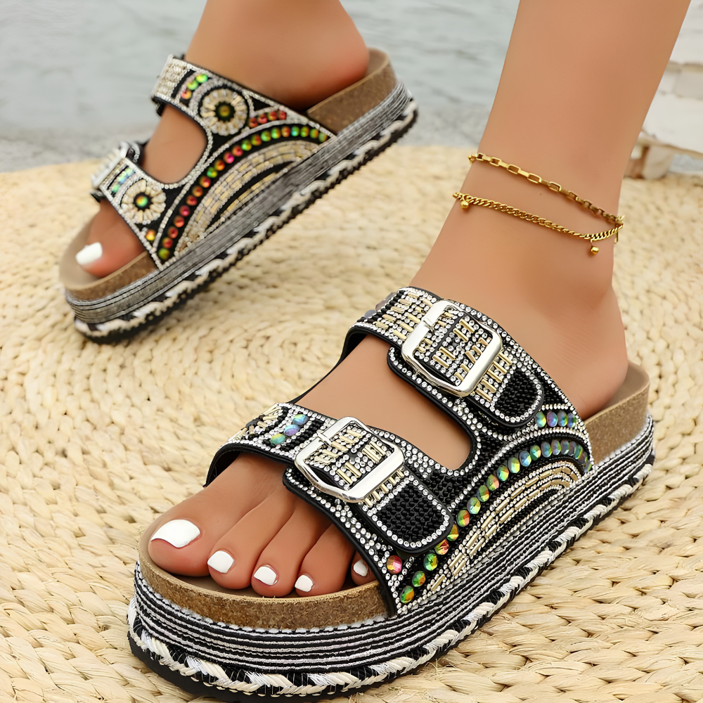 Sandalias de Deslizamiento Cómodas para Mujeres con Estilo de Plataforma Abierta y Correa Doble con Hebilla Impresa