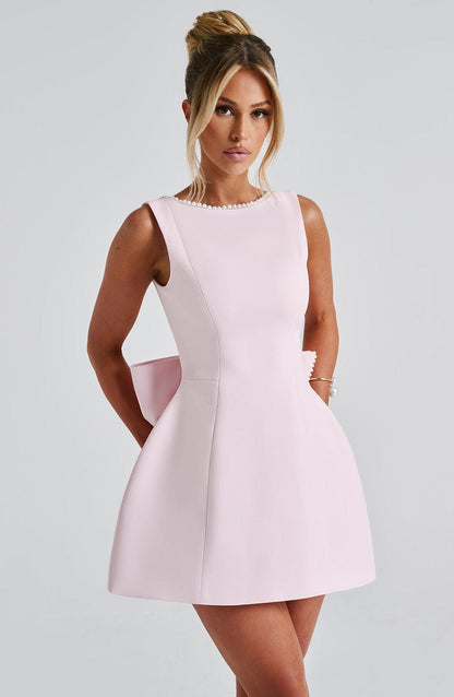 Vestido Mini Elegante con Ribete de Perlas y Lazo para Mujeres con Cuello Barco Sin Mangas Estilo Cóctel