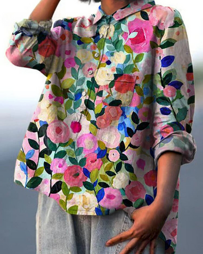 Blusa Floral Impresa Sin Esfuerzo para Mujeres con Cuello, Manga Larga, Botones en el Frente, Estilo Relajado