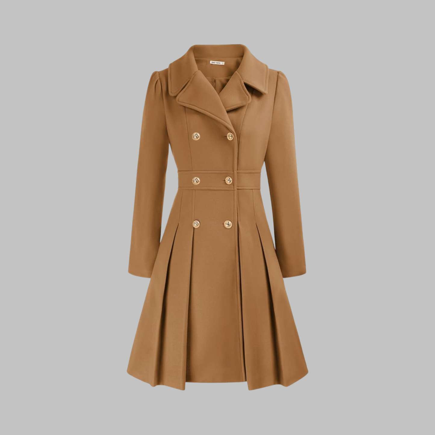 Abrigo de mezcla de lana elegante para mujeres con solapa de muesca, manga larga, doble botonadura y estilo acampanado con pliegues