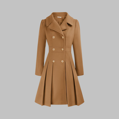 Abrigo de mezcla de lana elegante para mujeres con solapa de muesca, manga larga, doble botonadura y estilo acampanado con pliegues
