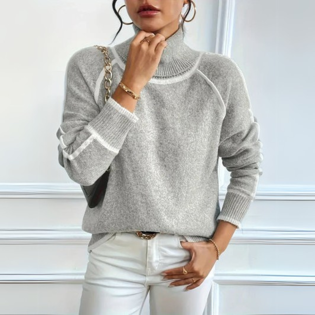 Suéter de Cuello Alto Gris Cómodo para Mujeres con Manga Larga y Detalles en Contraste Estilo Relajado y Oversized