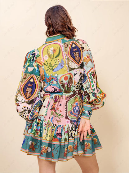 Vestido Mini Impreso Multicolor para Mujeres con Cuello Alto, Mangas Globo y Cinturón de Estilo Bohemio