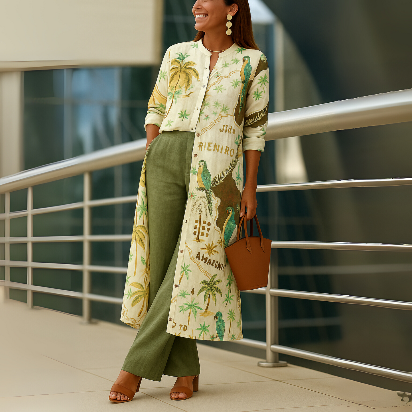 Conjunto de Dos Piezas con Estampado Tropical Sin Esfuerzo para Mujeres con Duster de Botones y Pantalón de Pierna Ancha Estilo Bohemio