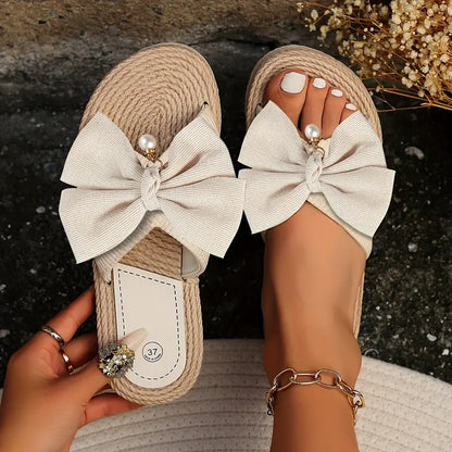 Sandalias Planas Cómodas para Mujeres con Detalle de Lazo y Acabado de Espadrille, Estilo Abierto y Sin Cierre