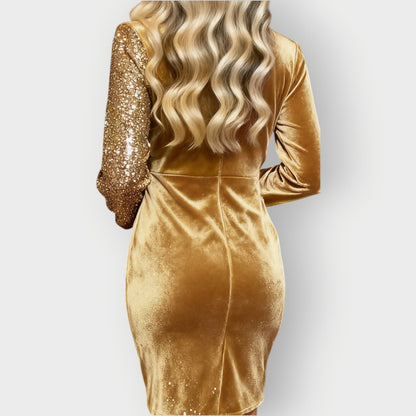 Vestido Envoltura de Terciopelo con Lentejuelas Elegante para Mujeres con Escote en V y Manga Larga Cuerpo Ceñido Estilo Cóctel