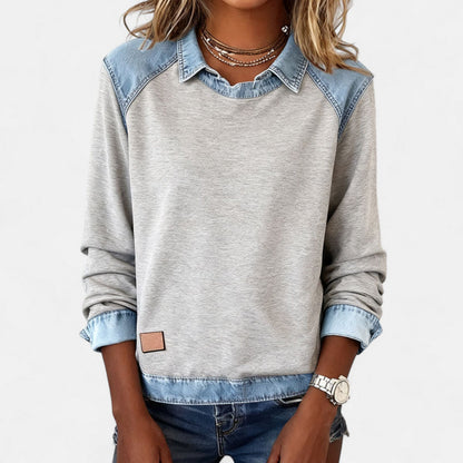 Sudadera de mezclilla color bloque sin esfuerzo para mujeres con cuello y mangas raglán largas de contraste estilo casual
