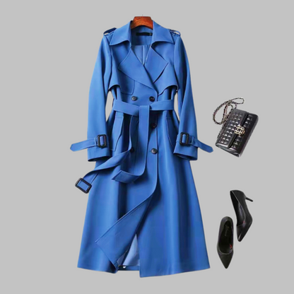 Abrigo Trench Elegante para Mujeres con Solapa Cortada, Manga Larga, Doble Botonadura y Cinturón, Estilo Fluido