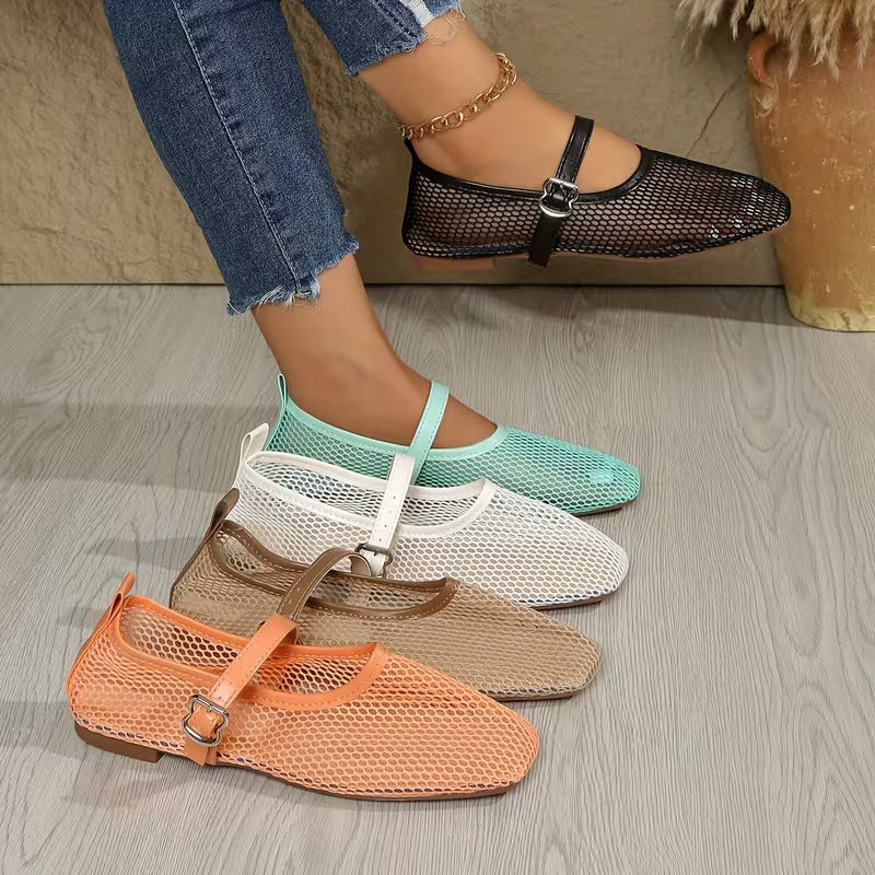 Zapatos Mary Jane Cómodos para Mujeres con Correa de Hebilla de Malla Tejida Estilo Plano
