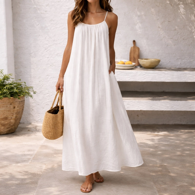 Vestido Maxi de Lino Sin Esfuerzo para Mujeres con Escote Redondo y Tirantes de Espagueti en Estilo Bohemio