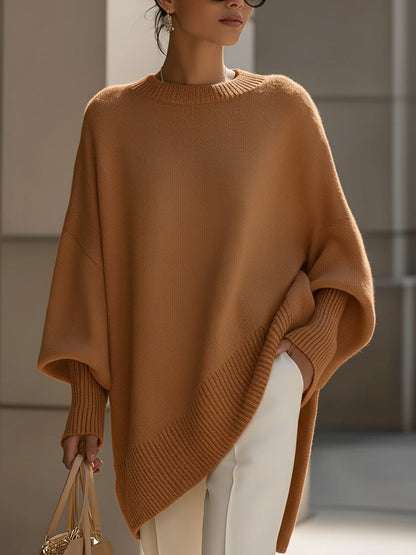 Suéter Poncho de Punto Cómodo para Mujeres con Cuello Redondo y Mangas Murciélago Oversized de Estilo Asimétrico
