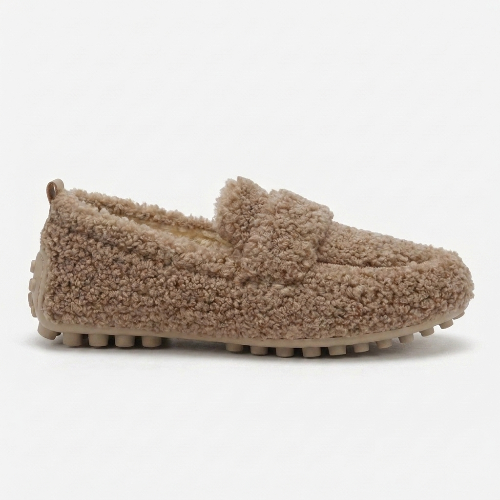 Zapatos de Casa Cómodos para Mujeres con Parte Superior de Piel Sintética Rizada, Estilo Mocasín, Suela de Goma, Slip On