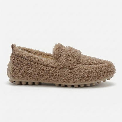 Zapatos de Casa Cómodos para Mujeres con Parte Superior de Piel Sintética Rizada, Estilo Mocasín, Suela de Goma, Slip On