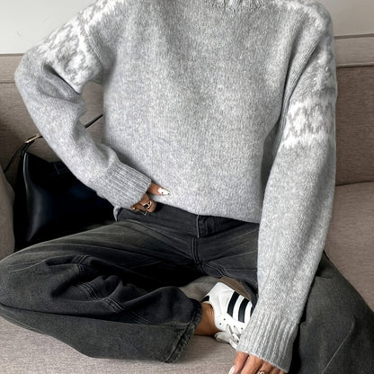 Suéter Gris Marlado Cómodo para Mujeres con Cuello Alto y Mangas Largas, Estilo Relajado y Oversized