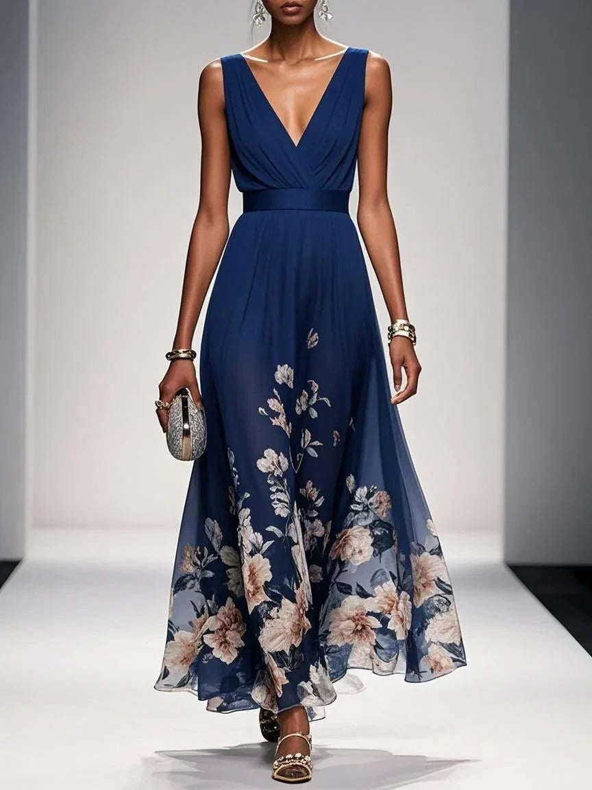 Elegante Vestido Maxi Floral para Mujeres con Escote en V Sin Mangas y Cintura Envolvente, Estilo para Invitadas de Boda