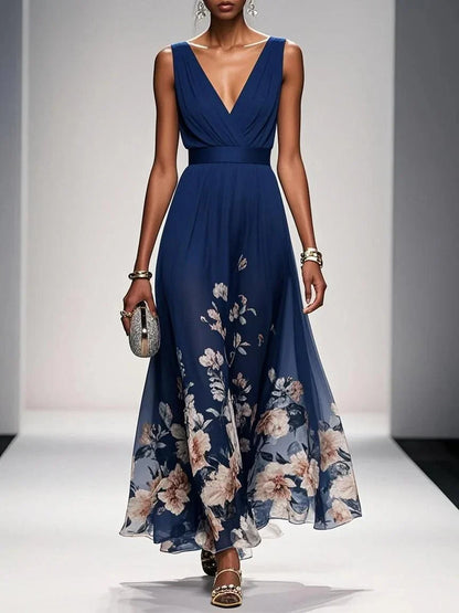 Elegante Vestido Maxi Floral para Mujeres con Escote en V Sin Mangas y Cintura Envolvente, Estilo para Invitadas de Boda