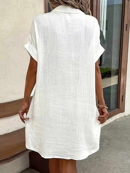 Vestido Camisa Texturizado Sin Esfuerzo para Mujeres con Cuello, Manga Corta, Botones Frontales, Estilo Casual Relajado