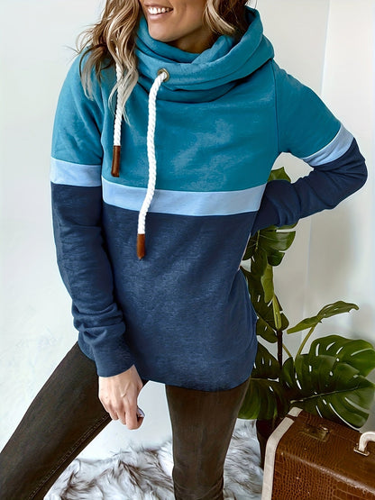 Sudadera Colorblock Cómoda para Mujeres con Cuello de Cowl, Manga Larga, Capucha, Estilo Oversized de Tejido