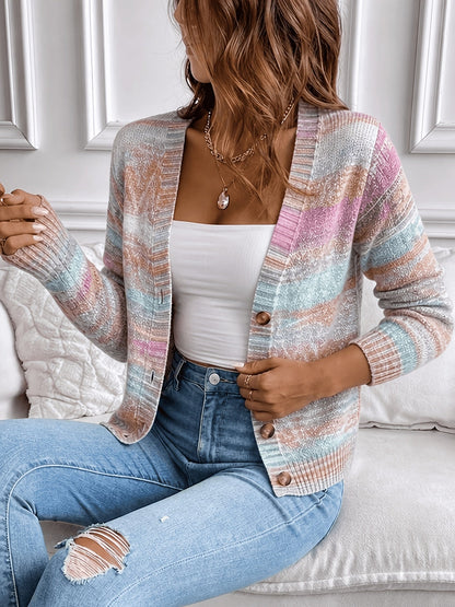 Suéter Cardigan de Tejido Espacial Cómodo para Mujeres con Cuello en V, Manga Larga y Botones en la Parte Frontal