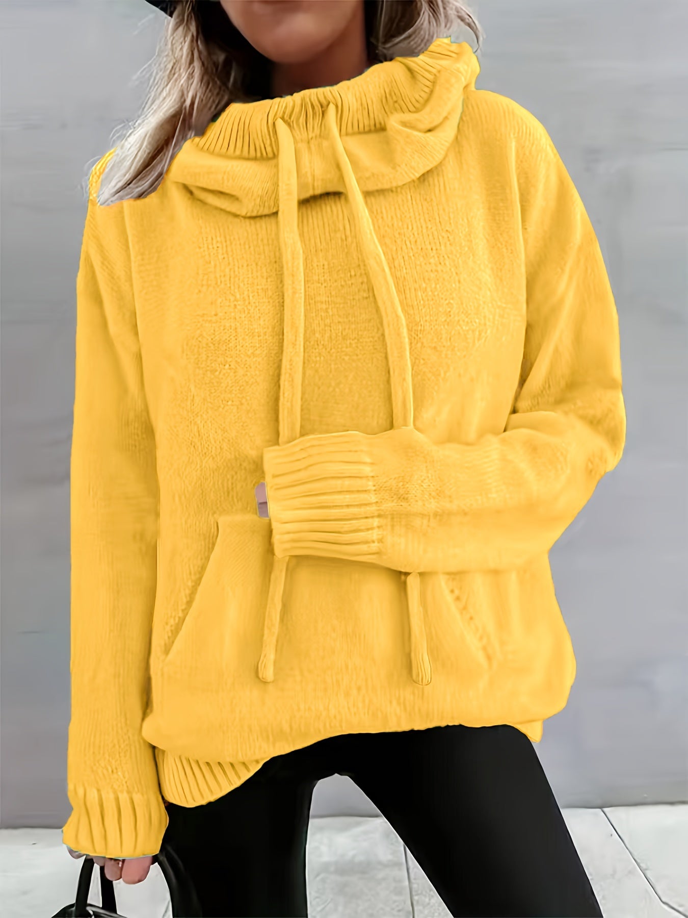 Suéter de punto cómodo para mujeres con cuello de capa, manga larga, cordón y estilo oversized