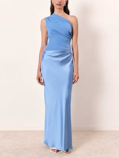 Elegante Vestido Maxi de Satén para Mujeres con Un Hombro, Drapado y Estilo Sirena para la Noche