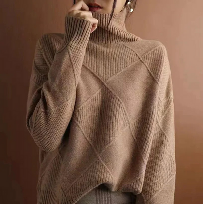 Suéter de Punto Argyle Cómodo para Mujeres con Cuello Alto, Manga Larga y Estilo Oversized Relajado