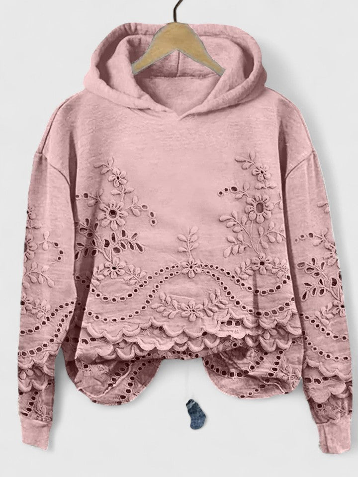 Sudadera con Capucha de Ojal Floral sin Esfuerzo para Mujeres con Mangas Largas y Dobladillo Ondulado Estilo Casual Corto