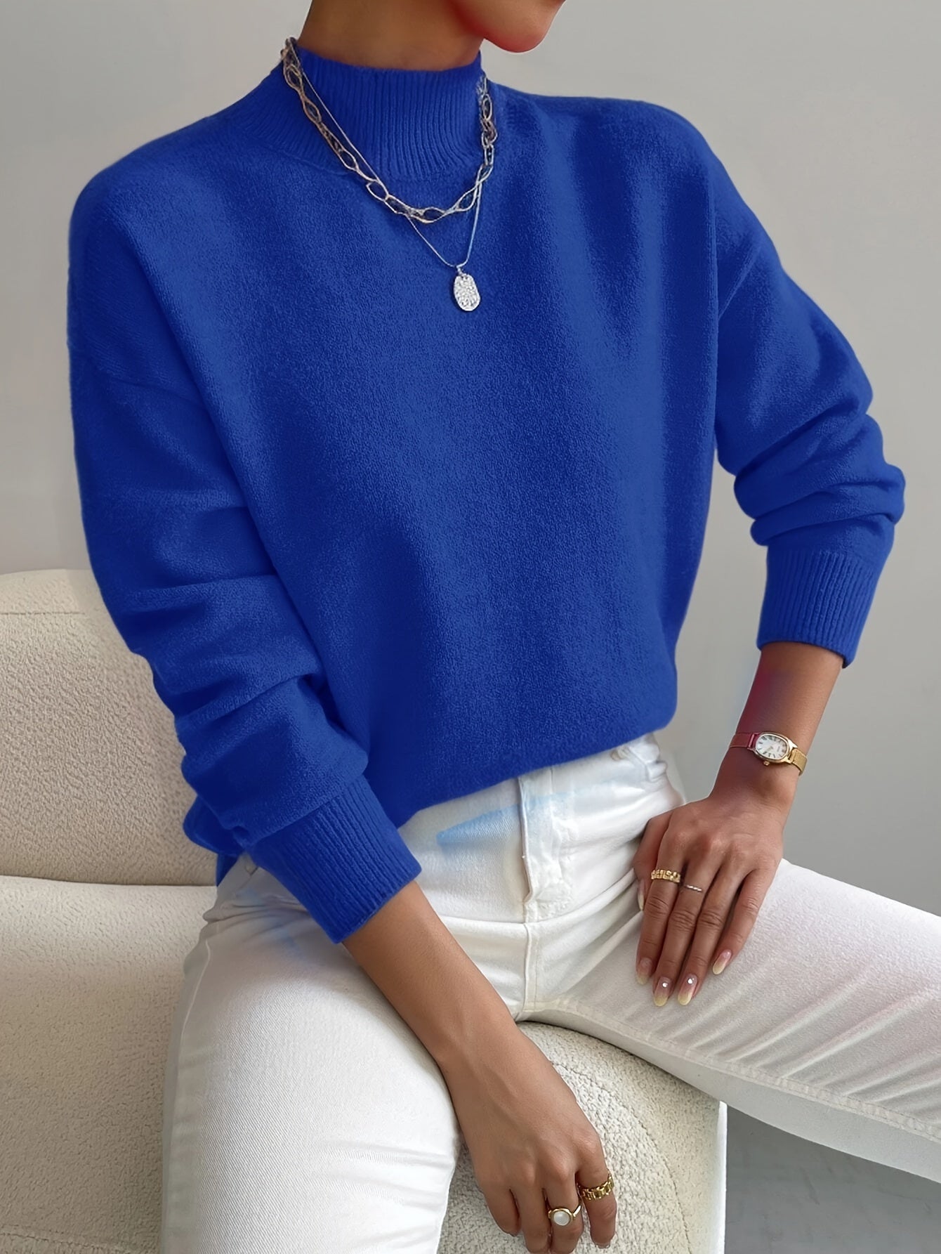 Suéter de punto cómodo para mujeres con cuello alto, mangas largas y estilo relajado y oversized