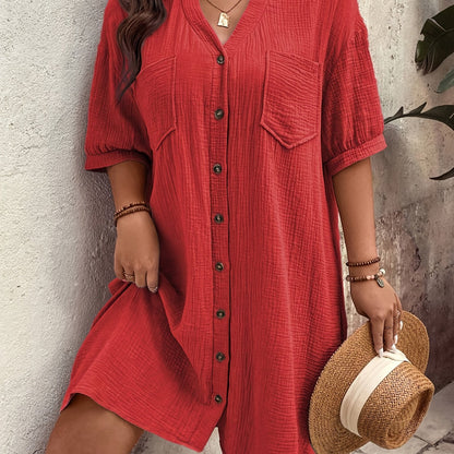 Vestido Camisero de Algodón Texturizado Sin Esfuerzo para Mujeres con Cuello en V, Manga Corta y Botones, Estilo Casual Relajado