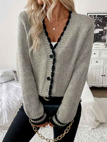 Suéter Cardigan de Contraste Cómodo para Mujeres con Cuello en V, Manga Larga y Botones en la Parte Frontal, Estilo de Punto Acanalado