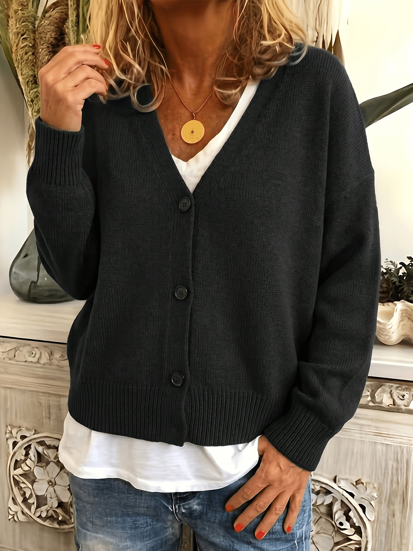 Suéter Cardigan Cómodo para Mujeres con Cuello en V, Manga Larga, Botones en la Parte Delantera, Estilo Relajado y Oversized
