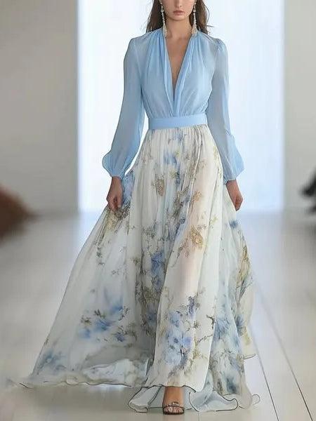 Elegante Vestido Maxi Floral Azul para Mujeres con Escote en V y Mangas Largas de Estilo Bohemio