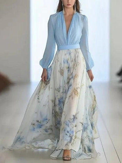 Elegante Vestido Maxi Floral Azul para Mujeres con Escote en V y Mangas Largas de Estilo Bohemio