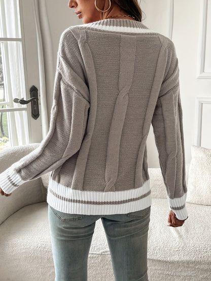 Suéter cómodo de color gris con bloques de color para mujeres, con cuello en V, manga larga, estilo de punto trenzado y oversize