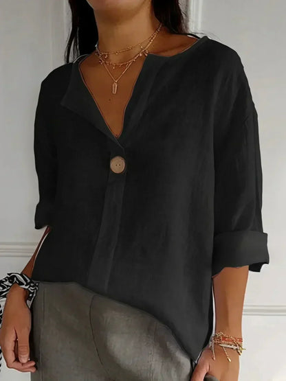 Blusa de Lino Sin Esfuerzo para Mujeres con Cuello en V y Manga de Codo, Estilo Relajado