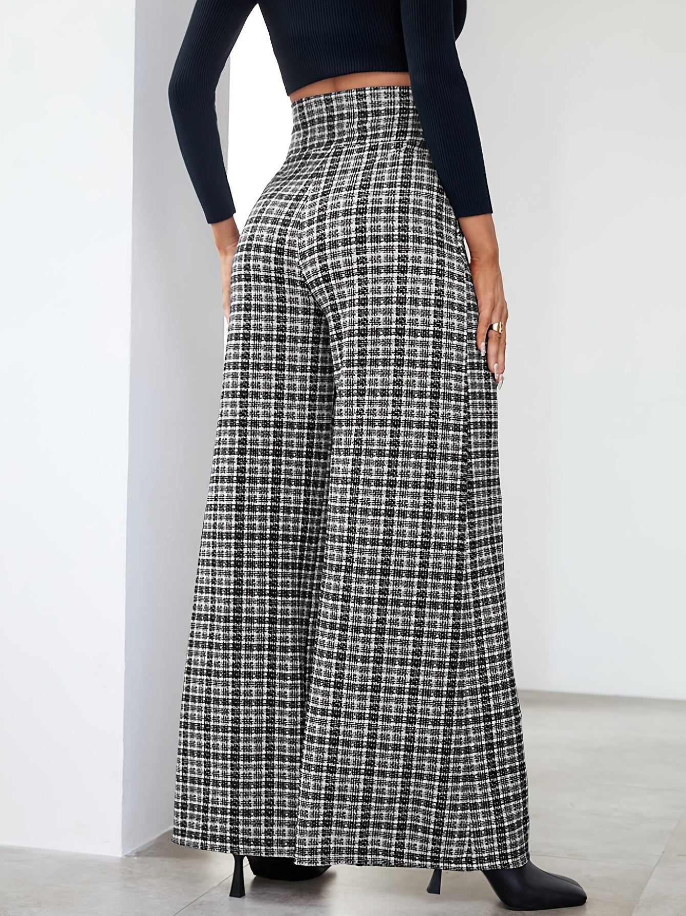 Pantalones Anchos de Tweed a Cuadros Elegantes para Mujeres con Cintura Alta y Frente de Botones con Pliegues Estilo Relajado