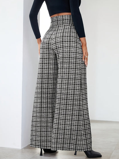 Pantalones Anchos de Tweed a Cuadros Elegantes para Mujeres con Cintura Alta y Frente de Botones con Pliegues Estilo Relajado
