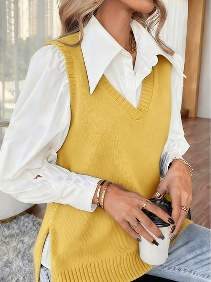 Chaleco de Punto Acanalado Cómodo para Mujeres con Cuello en V, Sin Mangas y Estilo Relajado y Oversized
