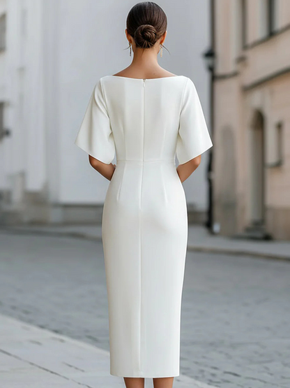 Vestido Midi Elegante de Corte Recto para Mujeres con Cuello Barco y Manga de Volante Estilo Bodycon para Cóctel