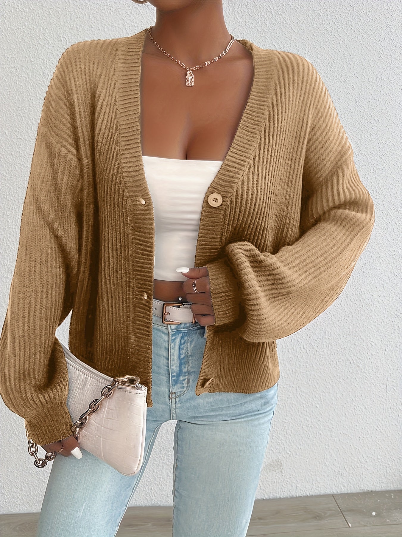Cárdigan de Punto Acanalado Cómodo para Mujeres con Cuello en V, Manga Larga, Botones en la Parte Frontal, Estilo Oversized y Relajado