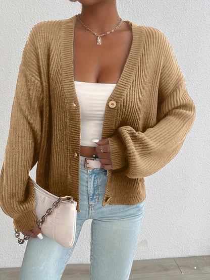 Cárdigan de Punto Acanalado Cómodo para Mujeres con Cuello en V, Manga Larga, Botones en la Parte Frontal, Estilo Oversized y Relajado