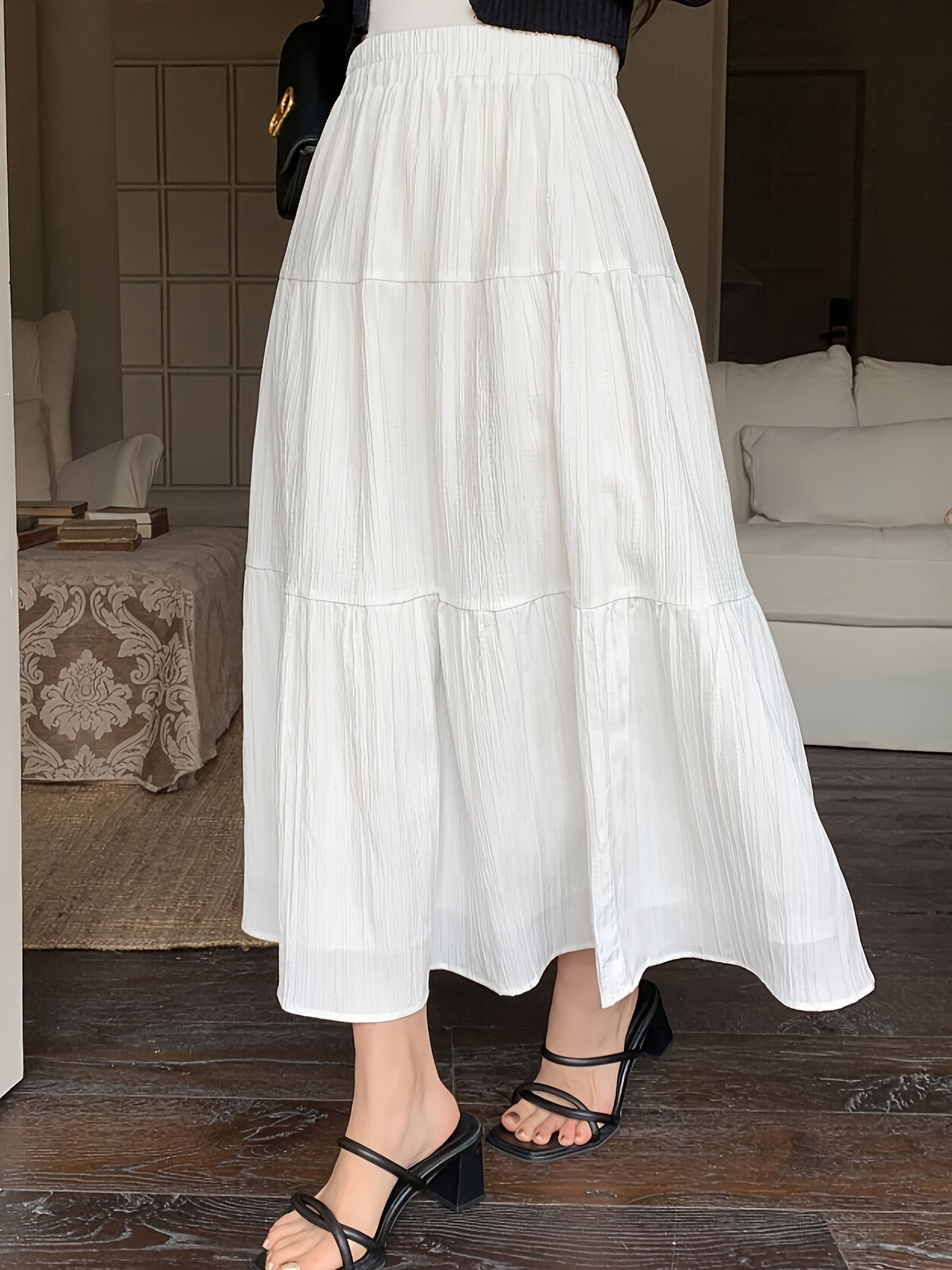 Falda Maxi Blanca de Capas Elegante para Mujeres con Cintura Alta Elástica Estilo A Line Fluyente