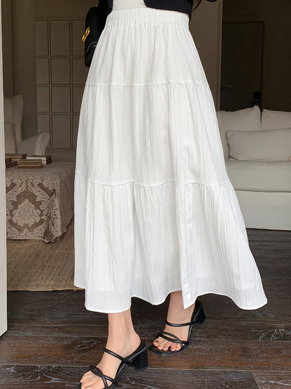 Falda Maxi Blanca de Capas Elegante para Mujeres con Cintura Alta Elástica Estilo A Line Fluyente