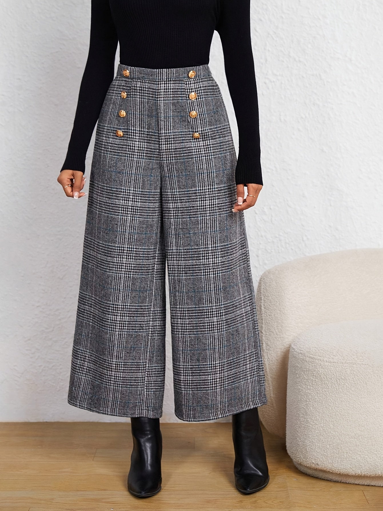 Pantalones Anchos de Cuadros Grises Elegantes para Mujeres con Cintura Alta y Estilo Ajustado