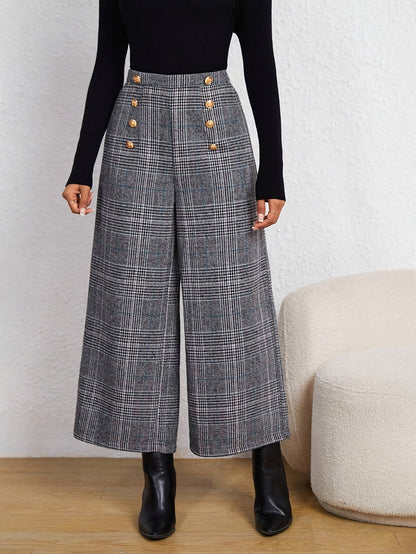 Pantalones Anchos de Cuadros Grises Elegantes para Mujeres con Cintura Alta y Estilo Ajustado