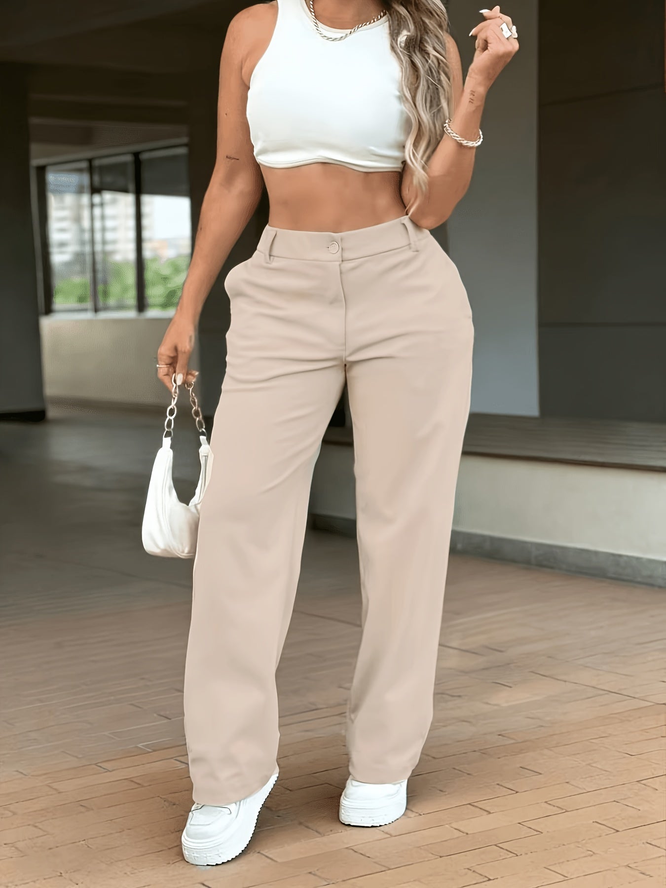 Pantalones Anchos de Caqui para Mujeres con Cintura Alta y Cierre Frontal de Botón, Estilo Relajado y Elegante