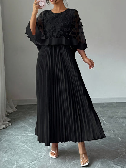 Elegante Vestido Largo Plisado Floral para Mujeres con Cuello Redondo y Manga Capa con Apliques, Estilo Formal para Invitadas de Boda
