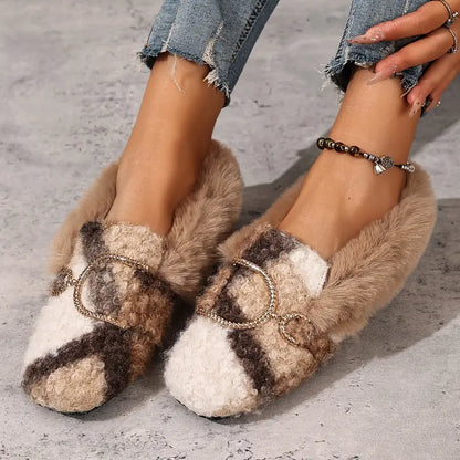 Zapatillas Beige Cómodas para Mujeres con Detalle de Lazo de Piel Sintética, Zapatillas de Casa con Suela Acolchada
