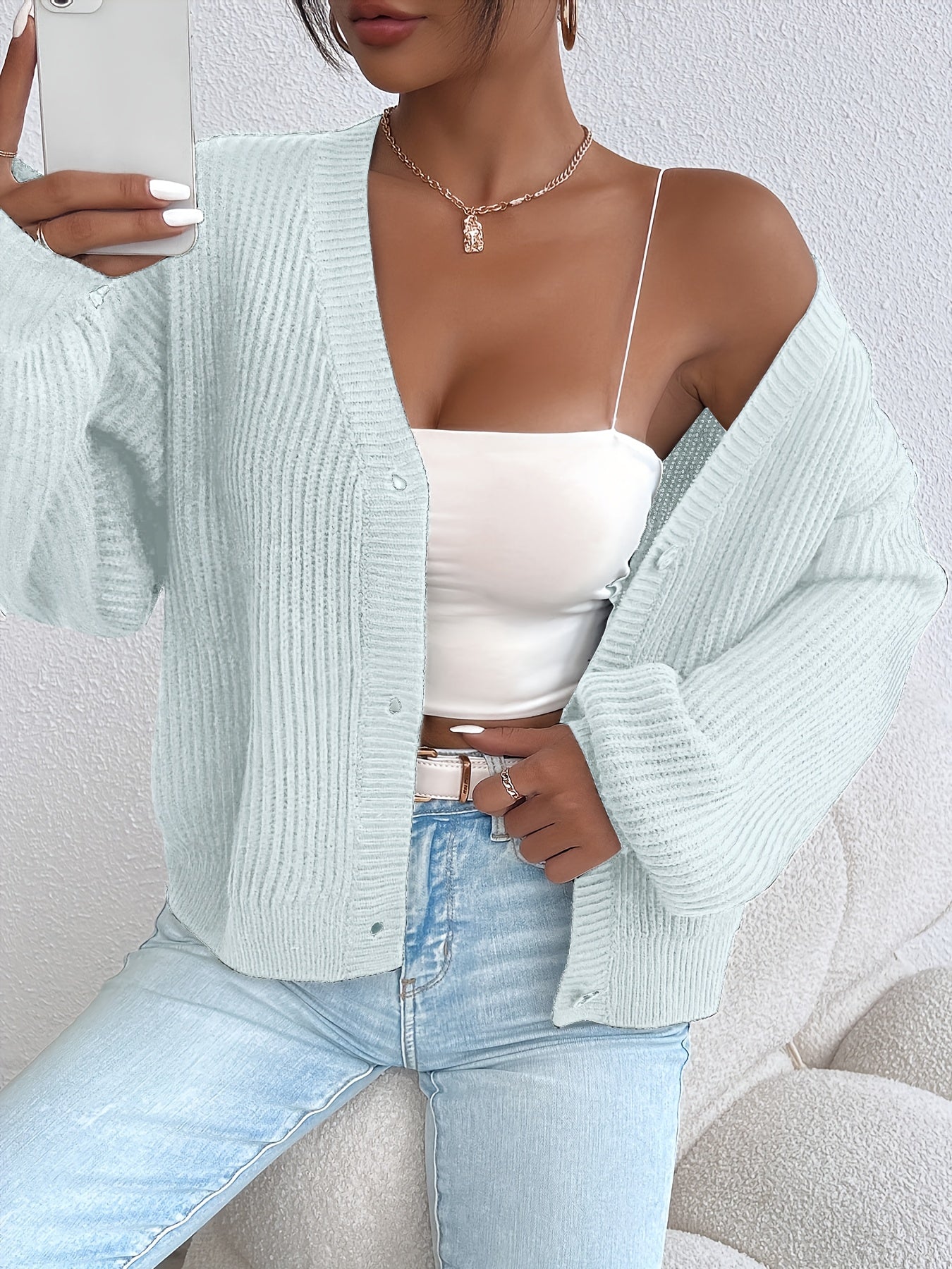 Cárdigan de Punto Acanalado Cómodo para Mujeres con Cuello en V, Manga Larga, Botones en la Parte Frontal, Estilo Oversized y Relajado