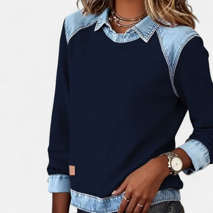 Sudadera de Denim Cómoda con Cuello en Capas para Mujeres, Manga Larga, Estilo Casual a Rayas